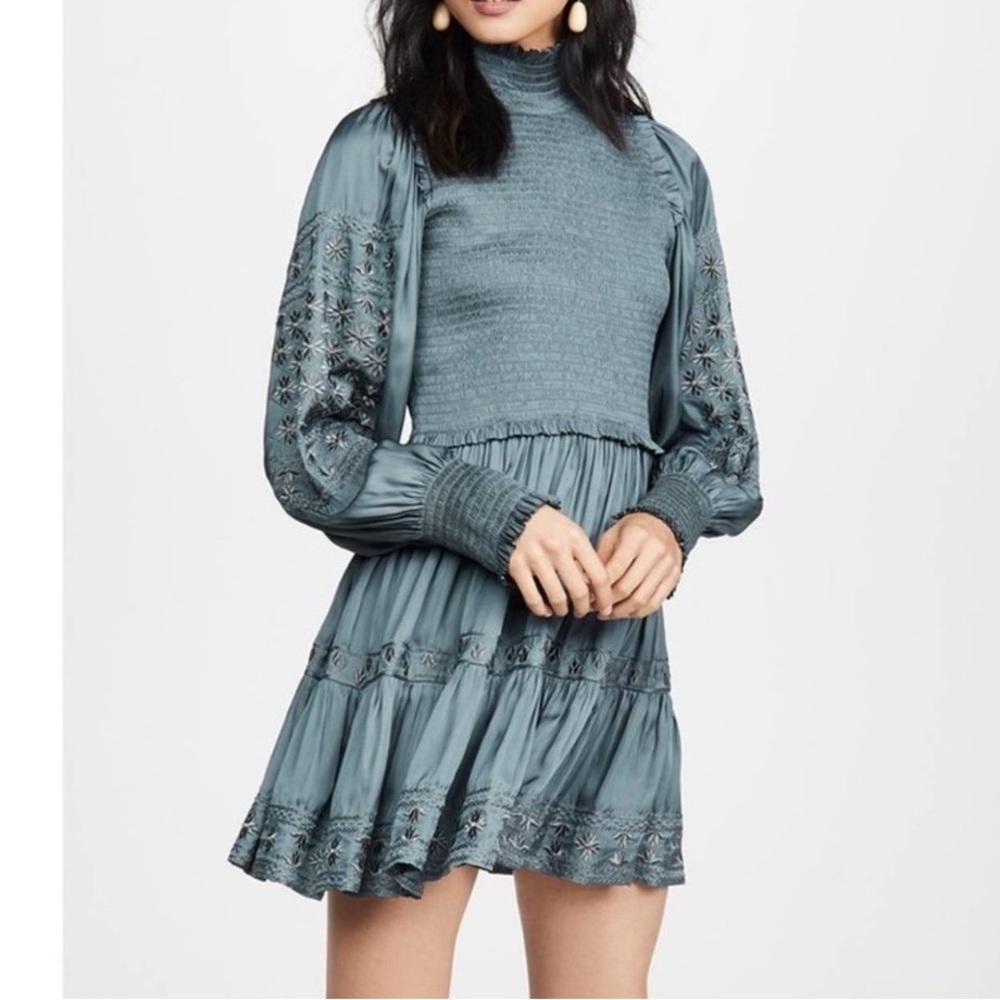 ULLA JOHNSON "Angelica" smocked bodice mini dress in slate gray / blue SZ S